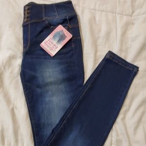 Dark blue wash high waisted corset denim jeans